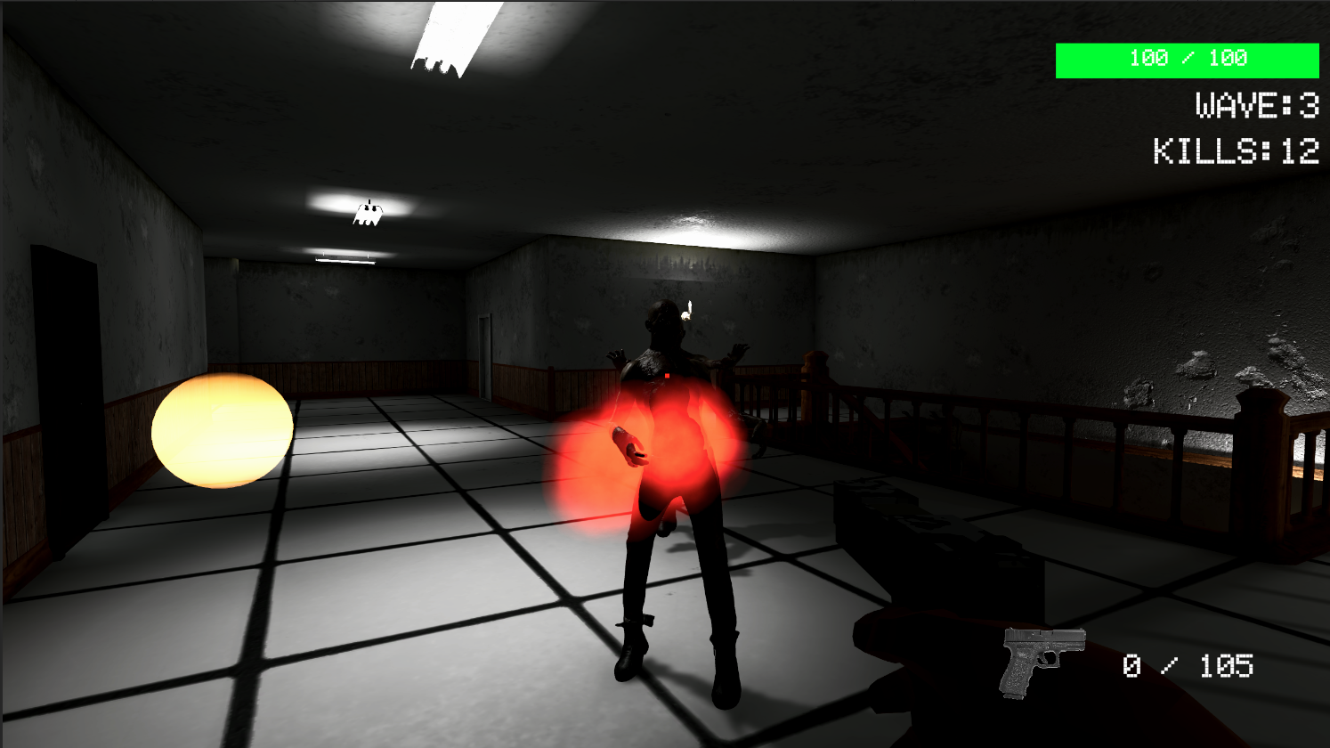 Enemy taking damage with red hit-feedback effect in FPS environment